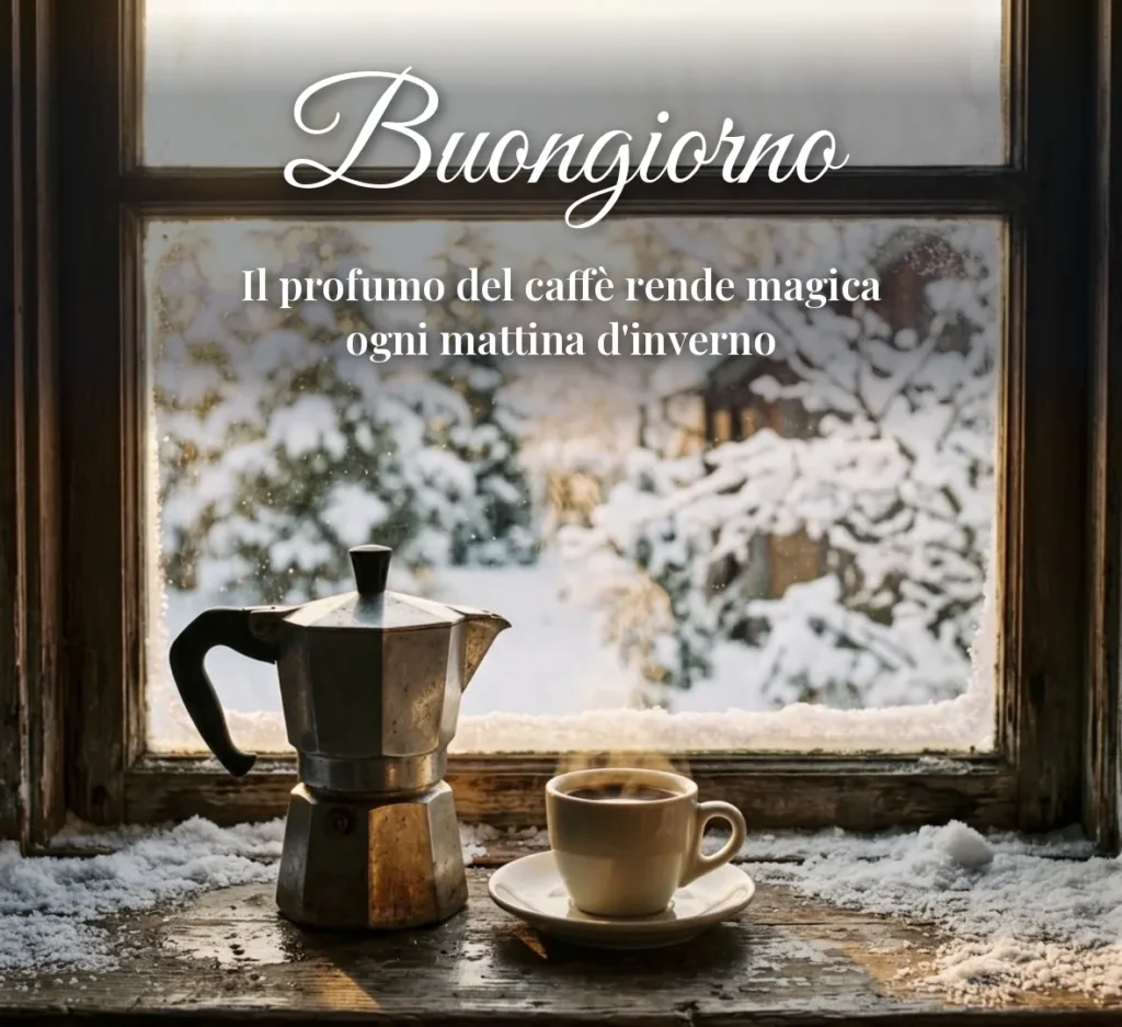 Moka italiana e caffè sul davanzale innevato