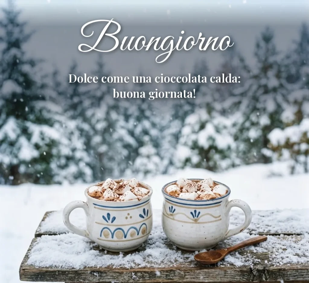 Due tazze di cioccolata calda con marshmallow nella neve