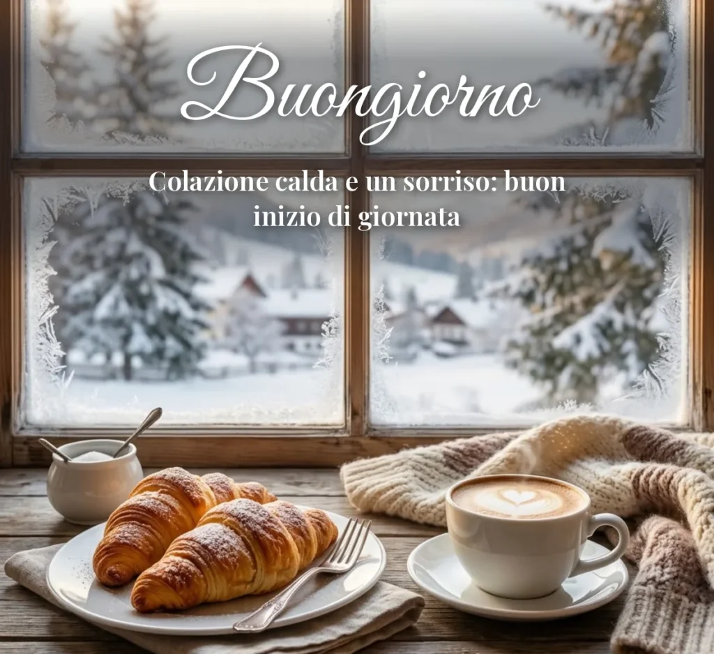 Colazione italiana con cornetti e cappuccino in inverno