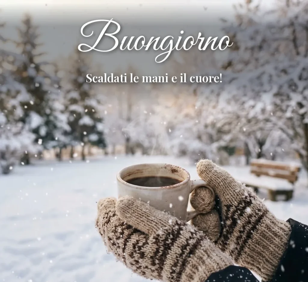 Mani con guanti di lana che tengono una tazza calda