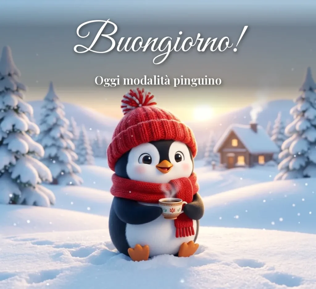 Pinguino simpatico con cappello di lana e tazza