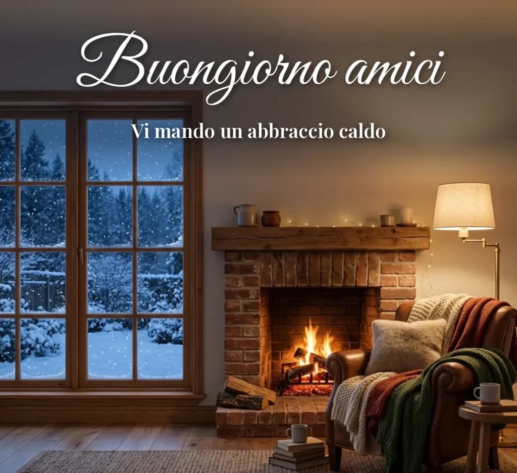 Soggiorno accogliente con camino in inverno
