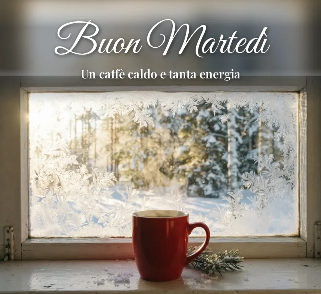 Buon martedì invernale con tazza fumante