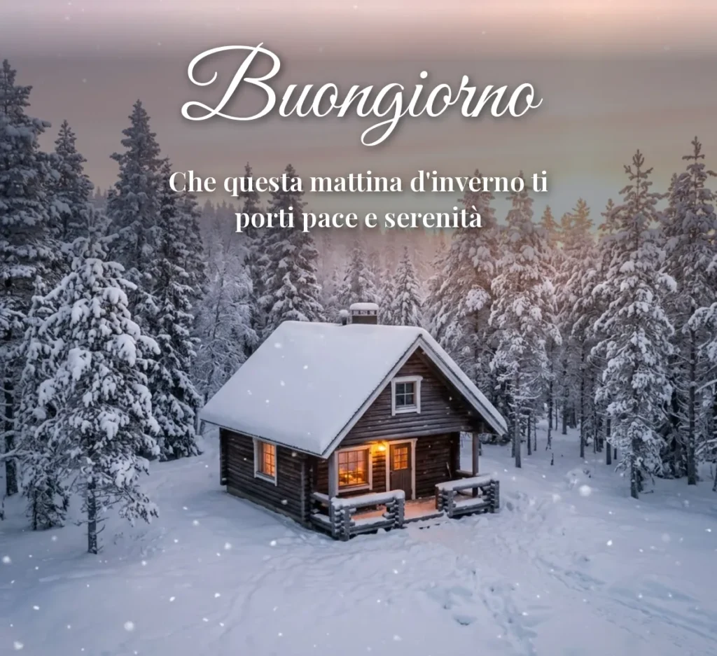 Immagini di buongiorno invernali con baita nella neve all'alba