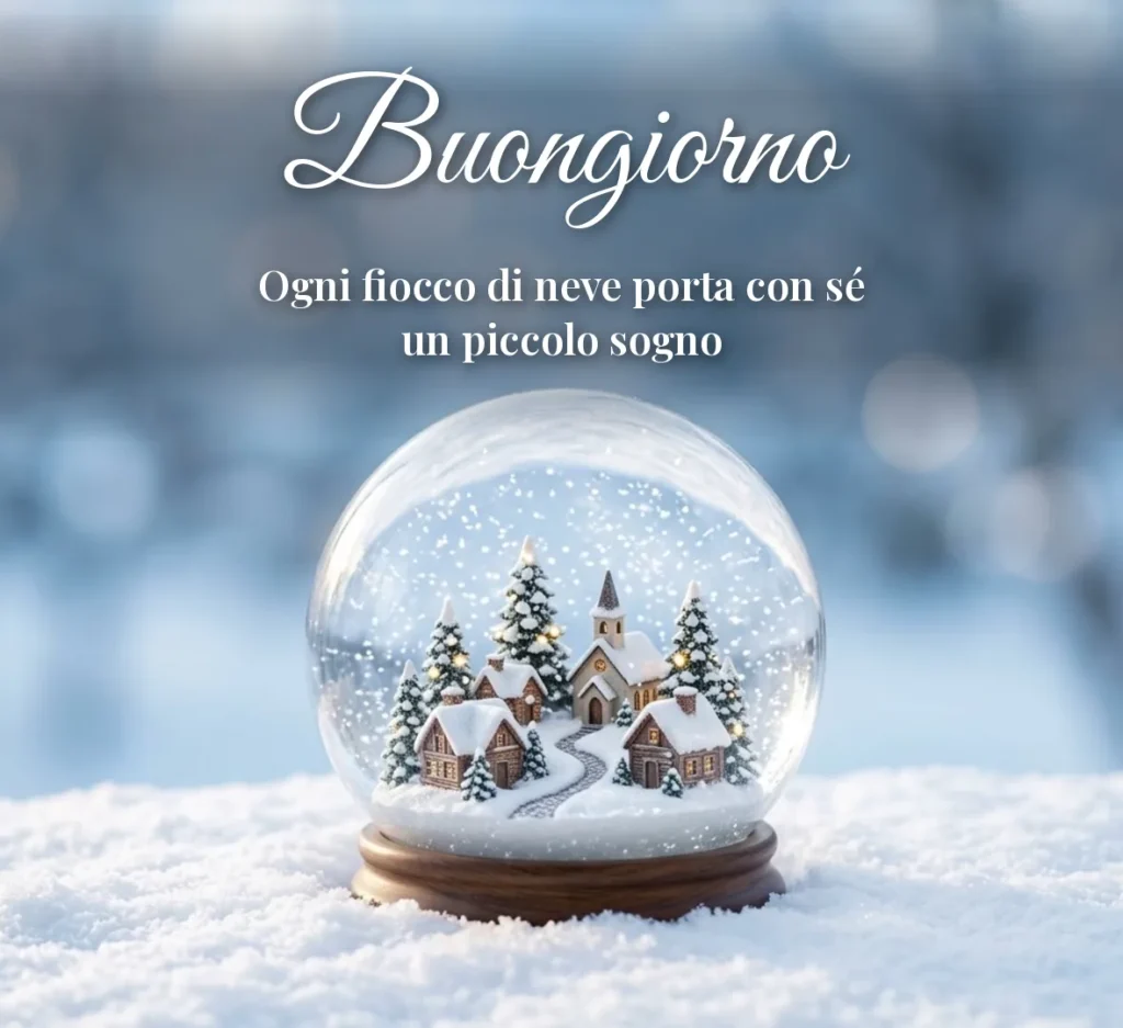 Buongiorno invernale con palla di neve e villaggio innevato