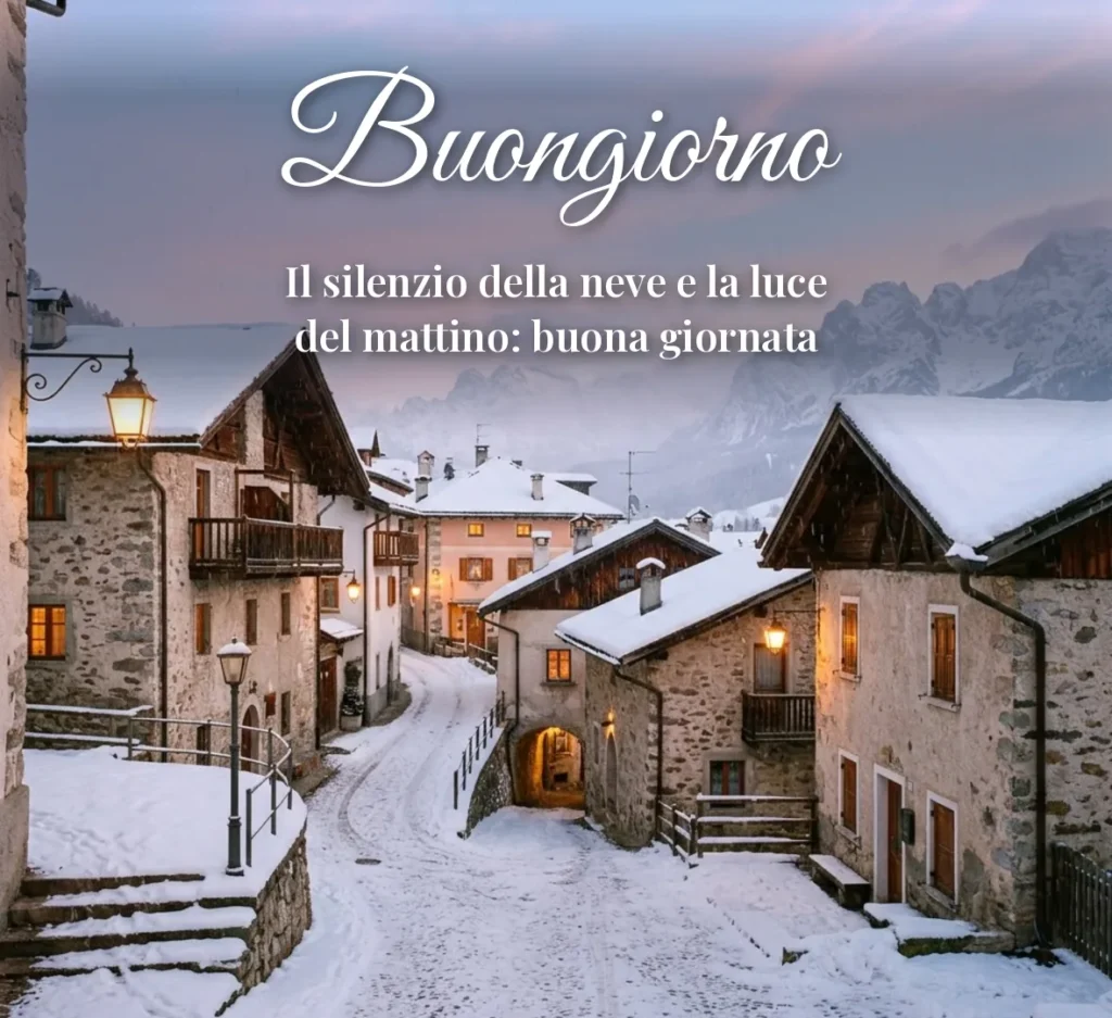 Immagini di buongiorno invernali con borgo di montagna innevato