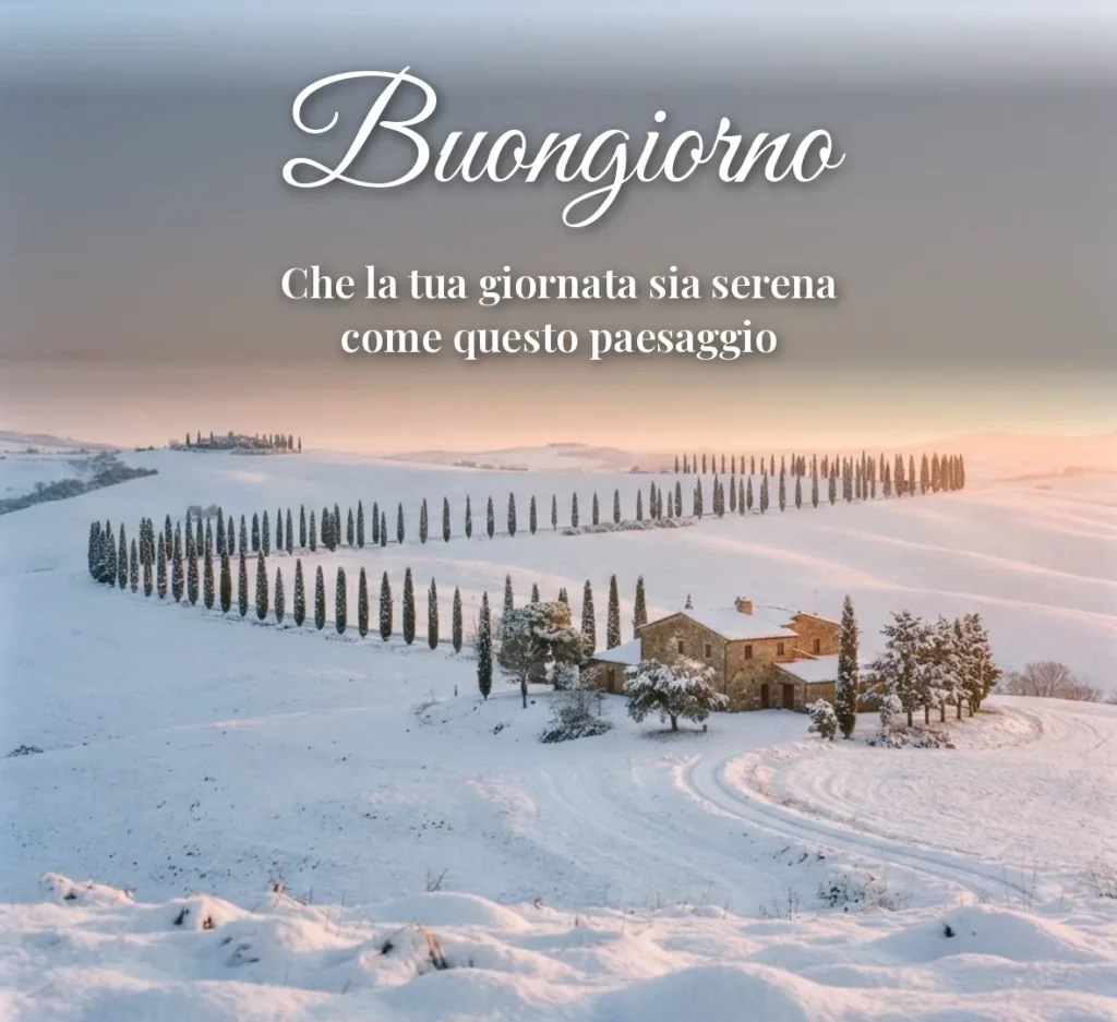 Colline toscane innevate con cipressi