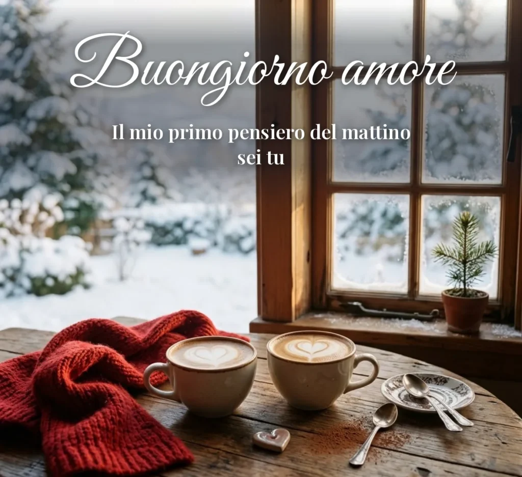 Due tazze di caffè con cuore sul tavolo innevato
