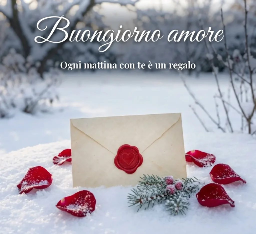 Lettera d'amore con petali di rosa sulla neve