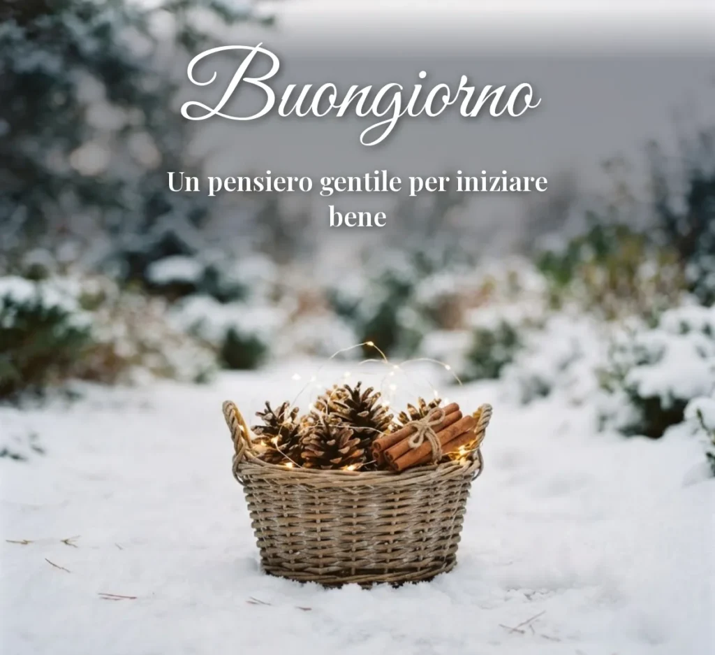 Cesto di pigne e lucine nella neve