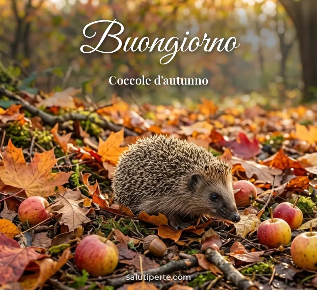 Riccio tra le foglie e le mele