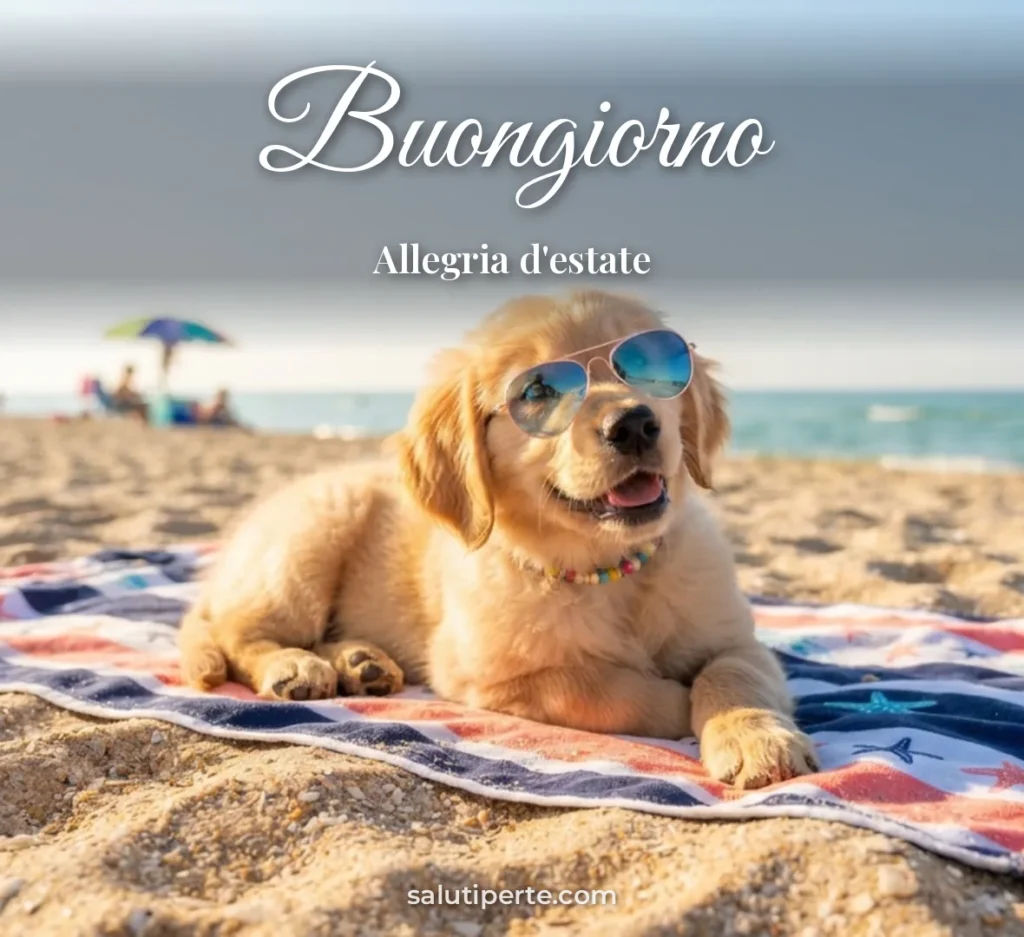 Cagnolino con occhiali da sole in spiaggia