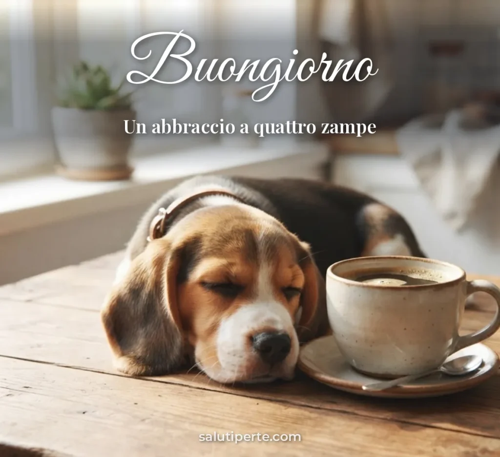 Cucciolo con una tazza di caffè