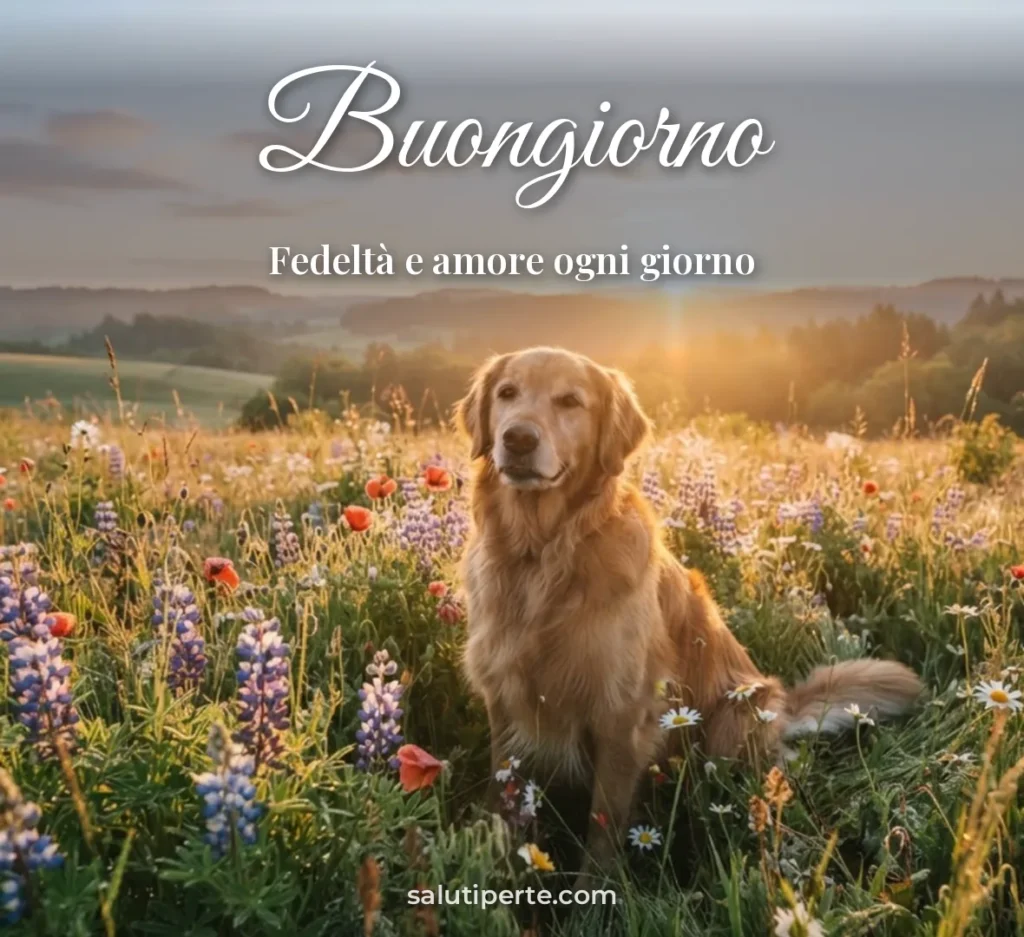 Cane tra i fiori all'alba