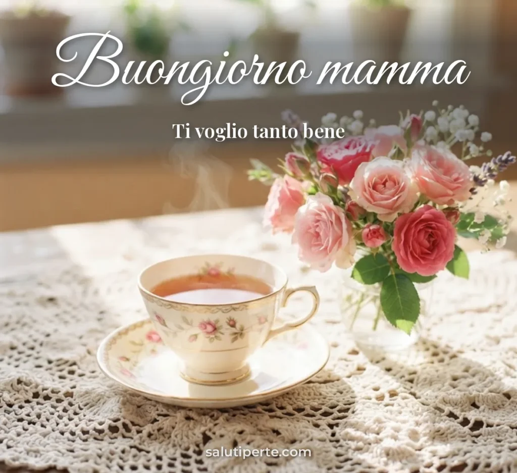 Rose rosa e tazza di tè per la mamma