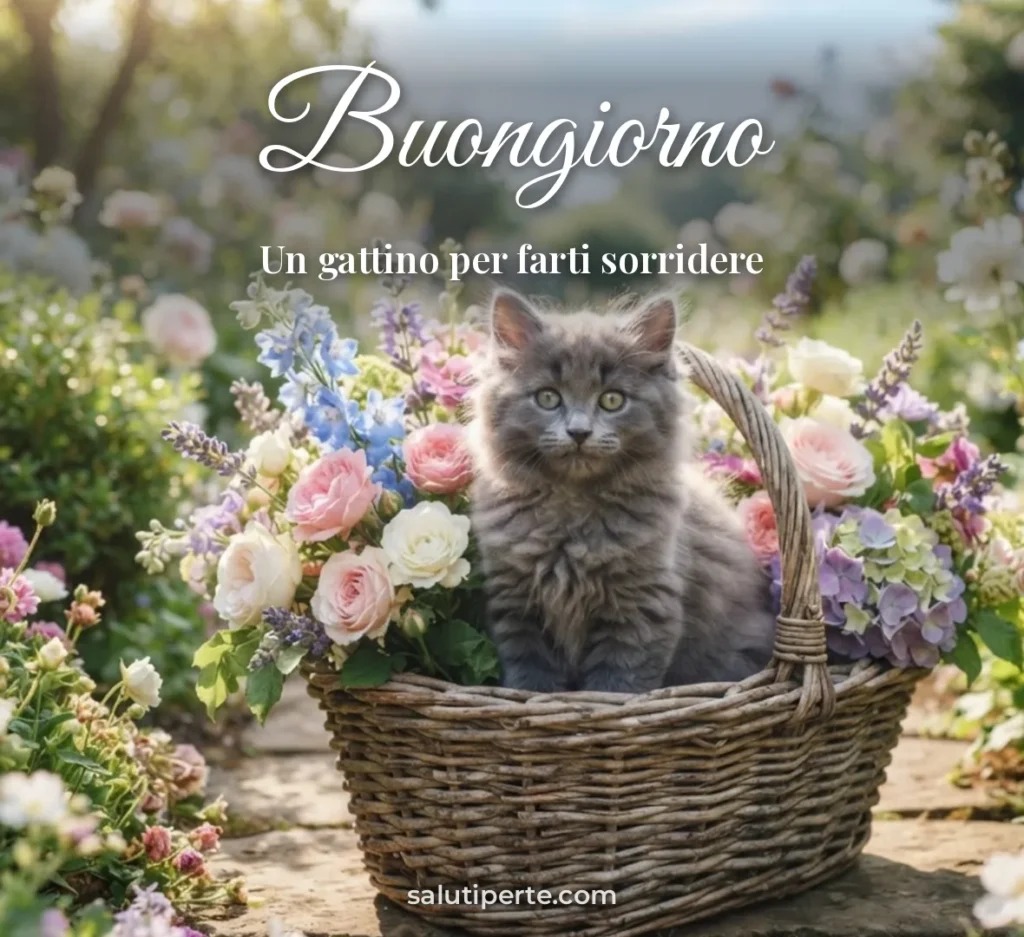 Gattino in un cesto di fiori