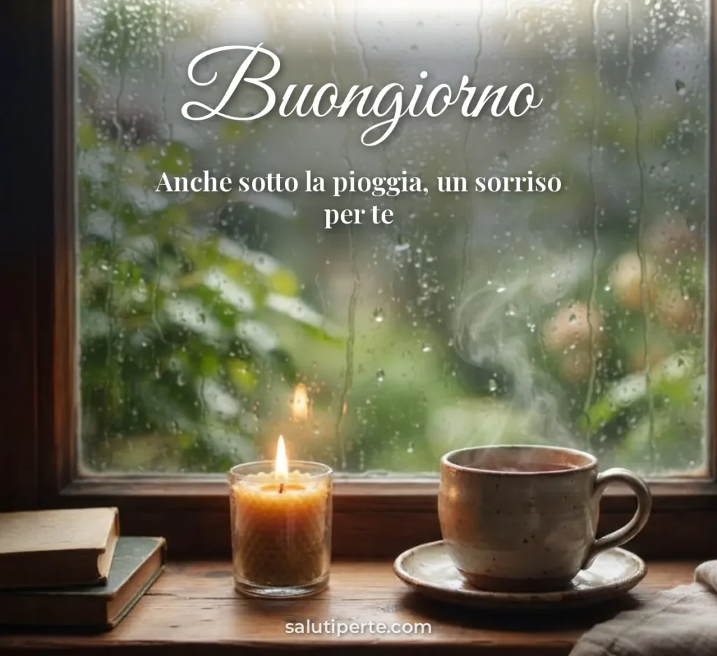 Finestra con gocce di pioggia e tazza calda