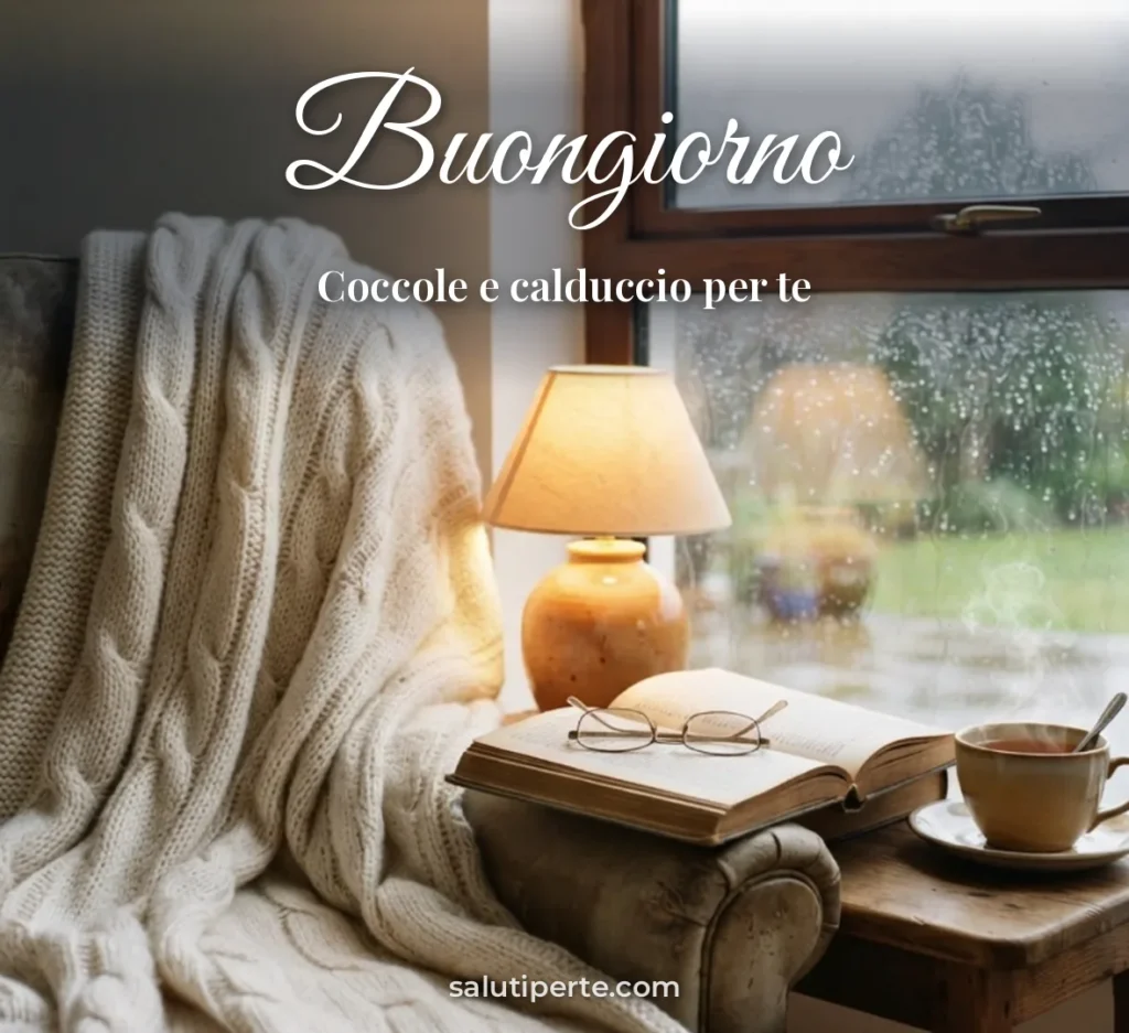 Coperta e libro vicino alla finestra piovosa