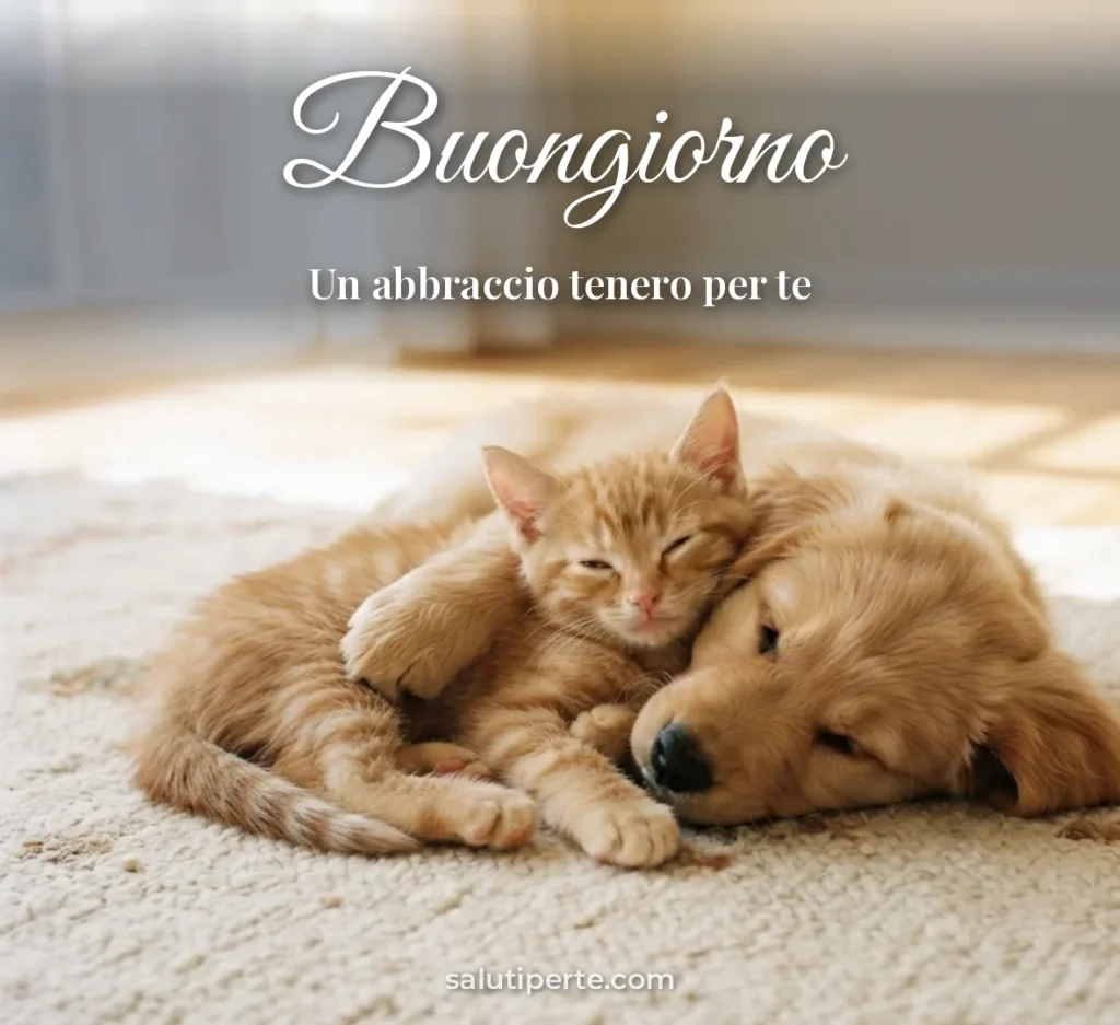Gattino e cagnolino insieme al sole