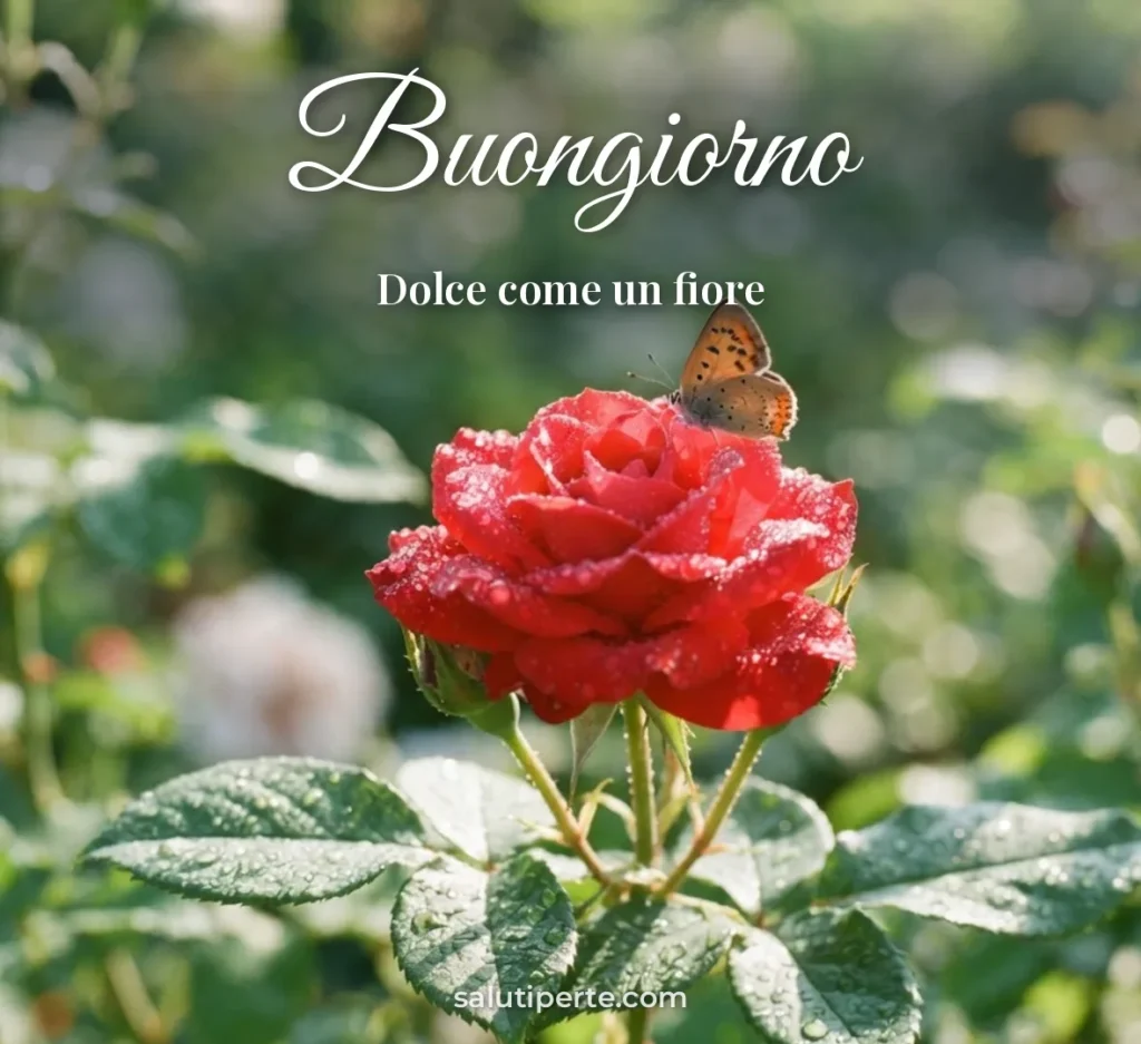 Rosa rossa con farfalla al mattino